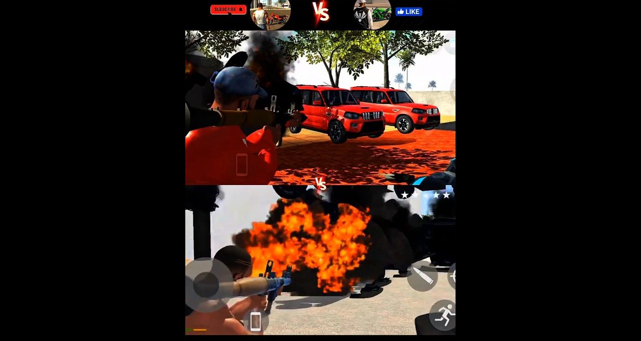 Split-screen game scene showing characters firing rocket launchers at red SUVs and explosions