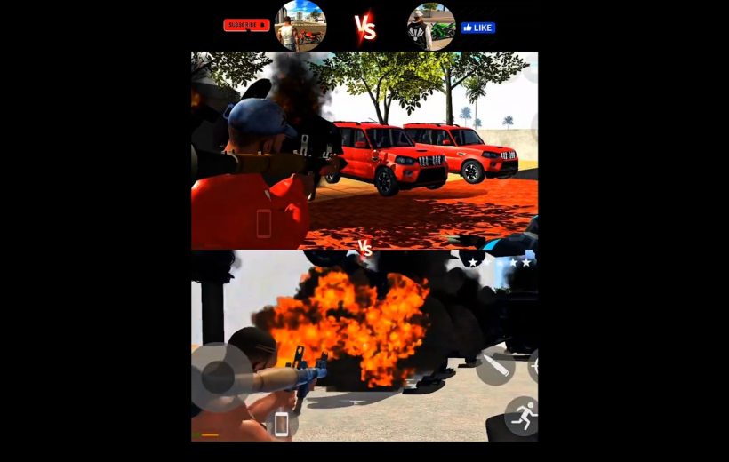 Split-screen game scene showing characters firing rocket launchers at red SUVs and explosions