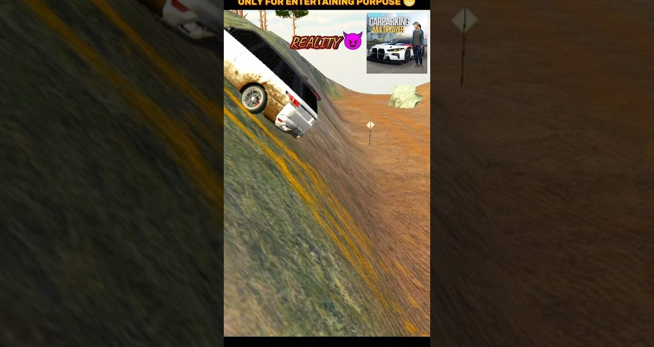 White SUV sliding down a steep dirt slope in a desert driving game scene