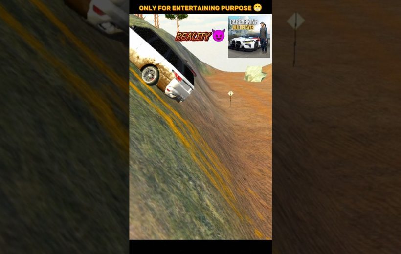 White SUV sliding down a steep dirt slope in a desert driving game scene