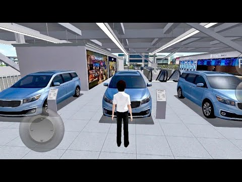 Person standing in a showroom aisle viewing three blue minivans under bright ceiling lights