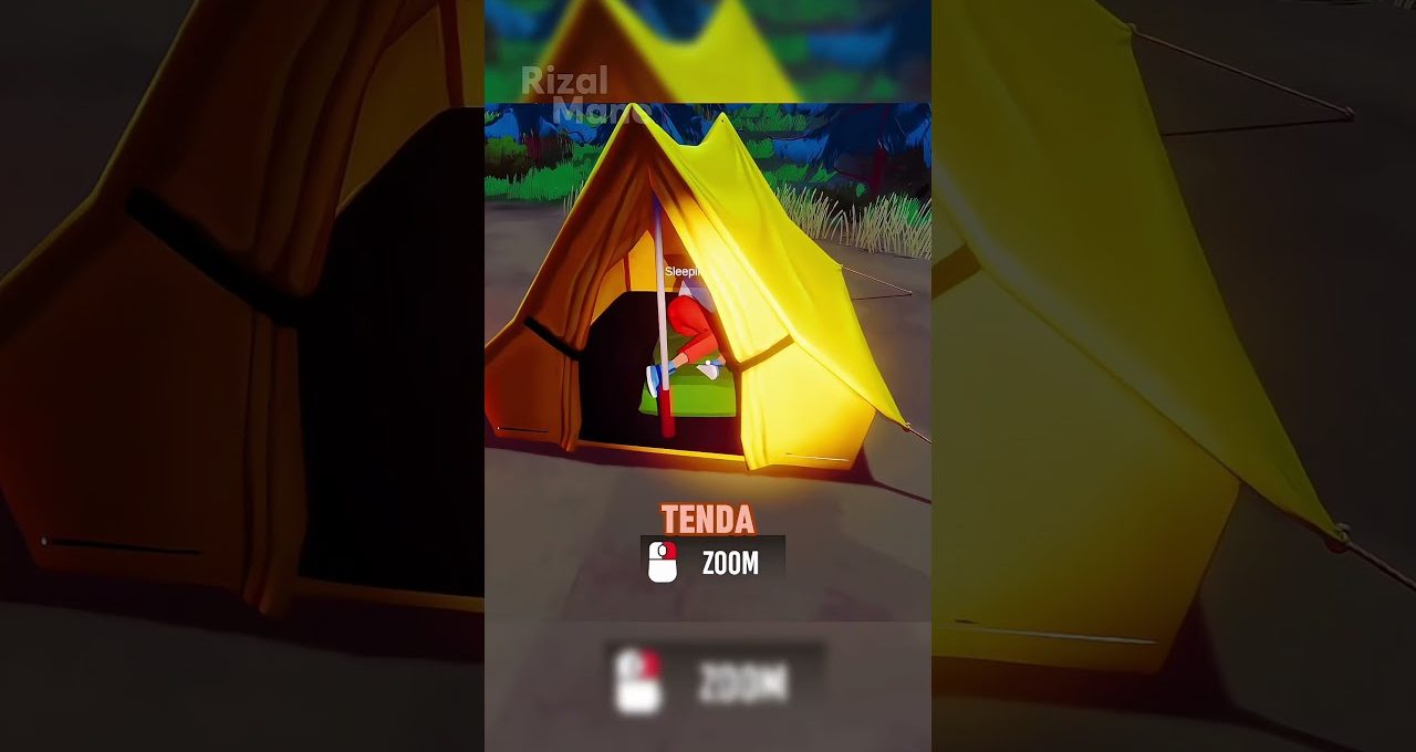 Bright yellow camping tent with a person sleeping inside on a green mat