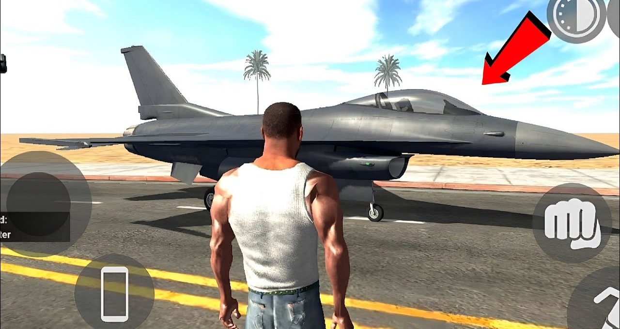 Game character standing on road facing a parked fighter jet beside a desert runway