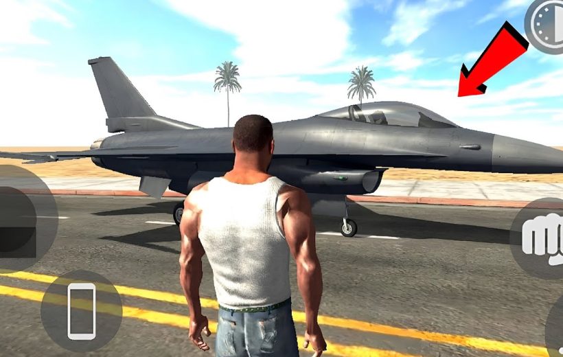 Game character standing on road facing a parked fighter jet beside a desert runway