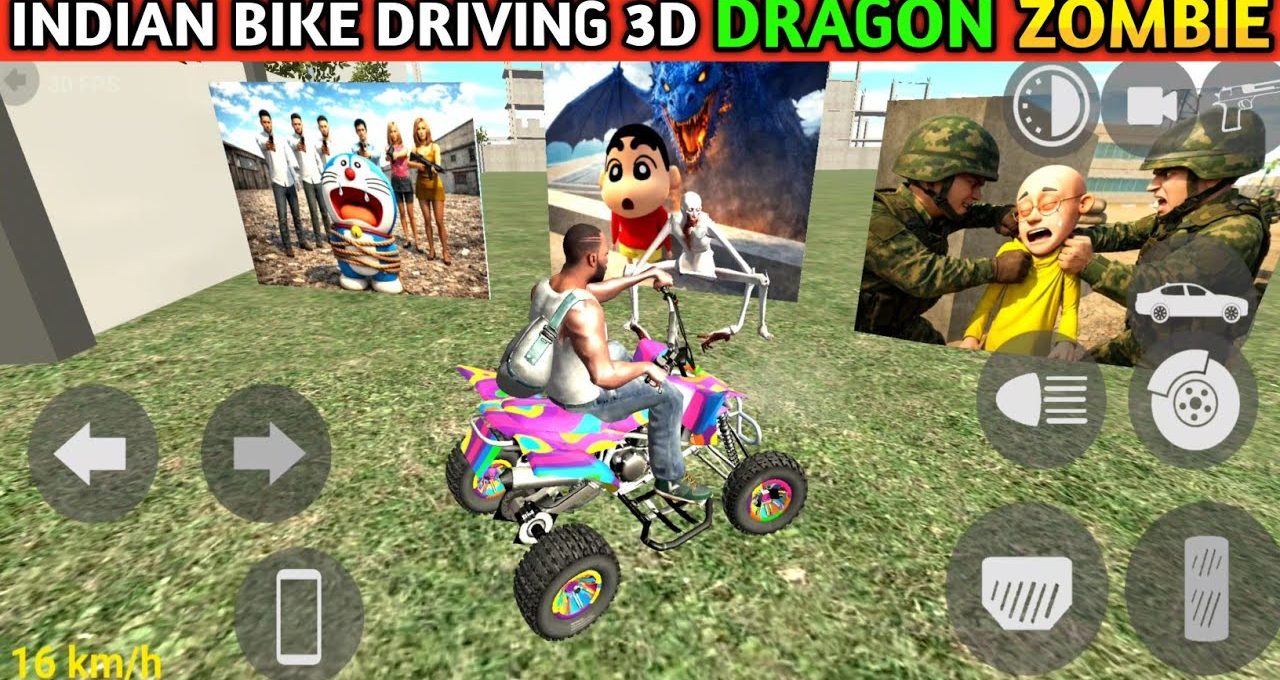 Man riding colorful ATV in grassy game scene with posters and on-screen controls
