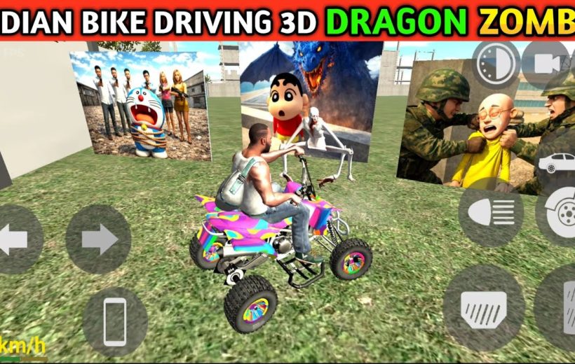 Man riding colorful ATV in grassy game scene with posters and on-screen controls