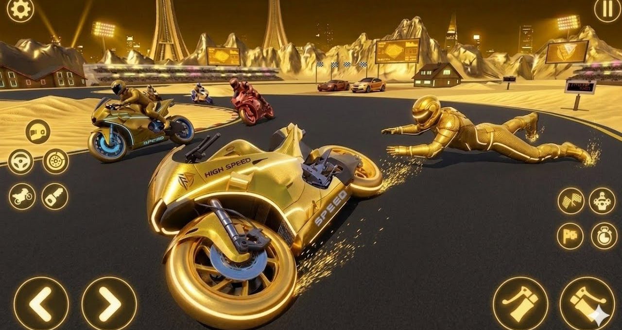 Golden motorcycles racing on a desert track with a rider sliding beside a crashed bike