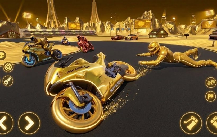 Golden motorcycles racing on a desert track with a rider sliding beside a crashed bike