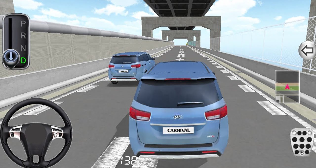 Third-person view of two blue Kia Carnival SUVs driving on elevated highway bridge