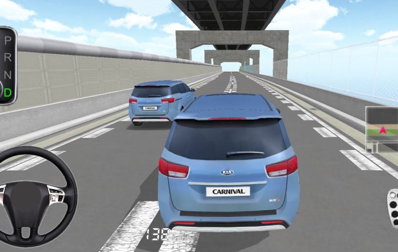 Third-person view of two blue Kia Carnival SUVs driving on elevated highway bridge