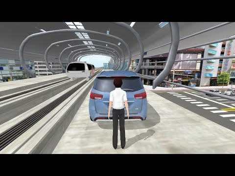 Person standing behind a blue car on an elevated futuristic city roadway