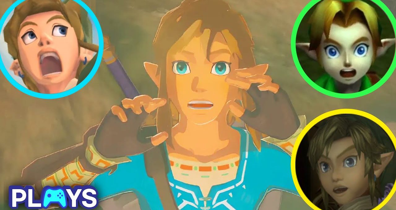 Breathless Link from Zelda surrounded by three shocked character face close-ups.
