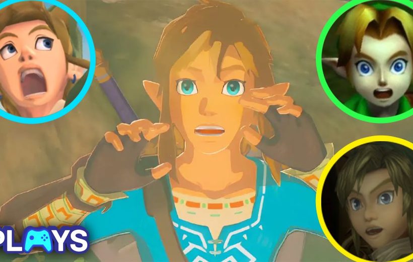 Breathless Link from Zelda surrounded by three shocked character face close-ups.