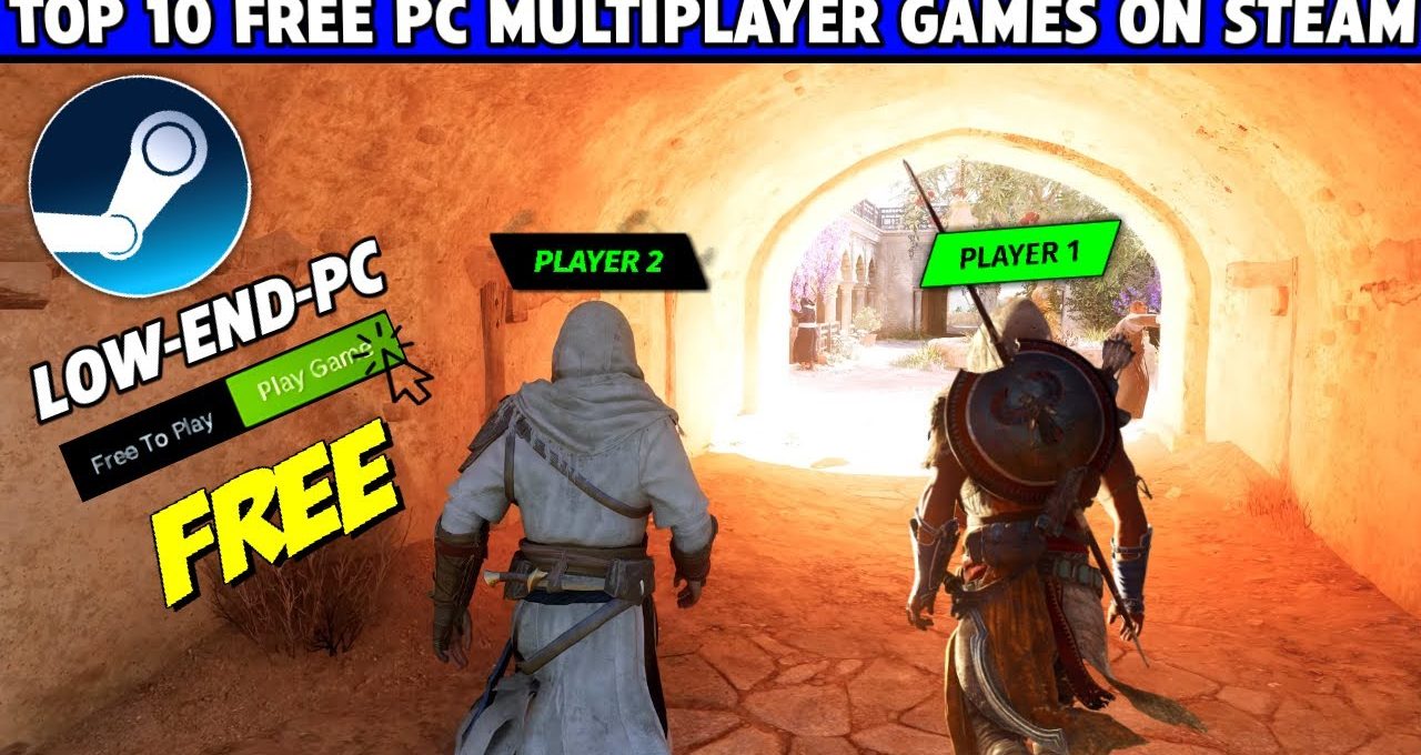 Two hooded game characters walking through sunlit archway labeled Player 1 and Player 2