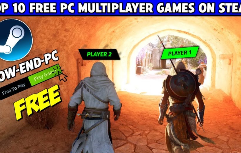 Two hooded game characters walking through sunlit archway labeled Player 1 and Player 2