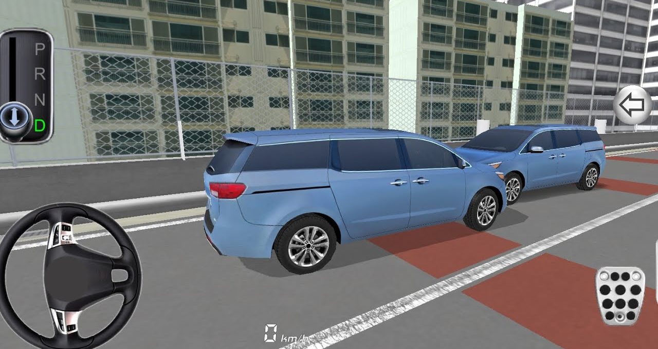 Two blue minivans parked on rooftop parking with city buildings in background