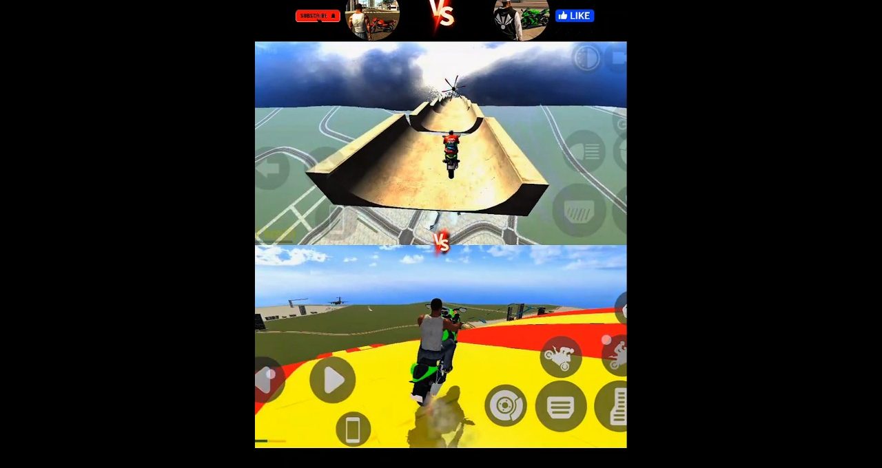 Split-screen mobile game showing two players riding motorcycles on elevated stunt tracks