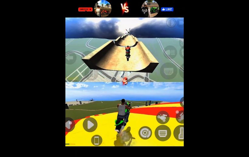 Split-screen mobile game showing two players riding motorcycles on elevated stunt tracks