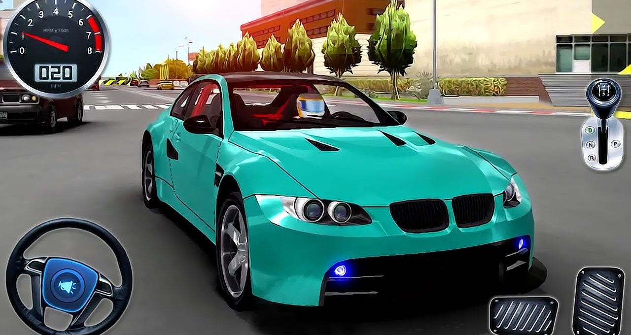 Teal sports car on city street with dashboard overlays and steering wheel controls
