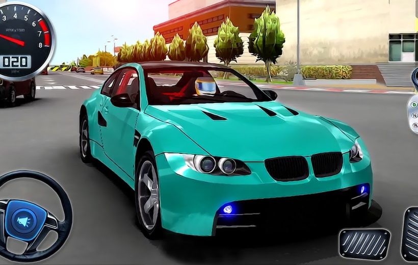 Teal sports car on city street with dashboard overlays and steering wheel controls