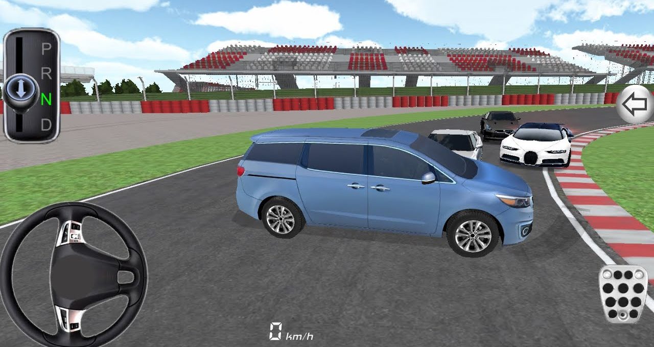 Blue minivan blocking racetrack corner with three sports cars behind it.