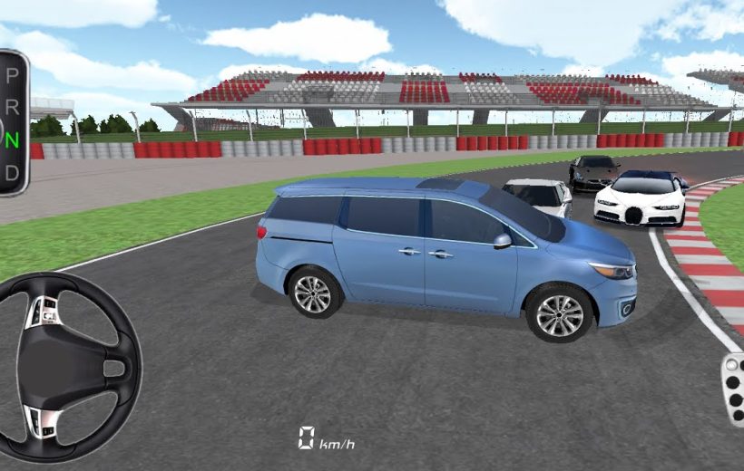 Blue minivan blocking racetrack corner with three sports cars behind it.