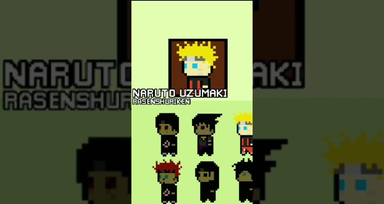Pixel art roster showing Naruto Uzumaki and other ninja characters with names.