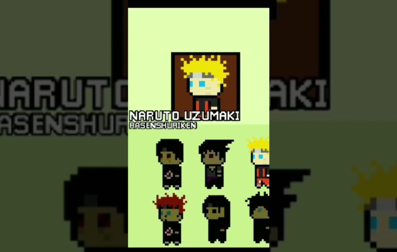 Pixel art roster showing Naruto Uzumaki and other ninja characters with names.