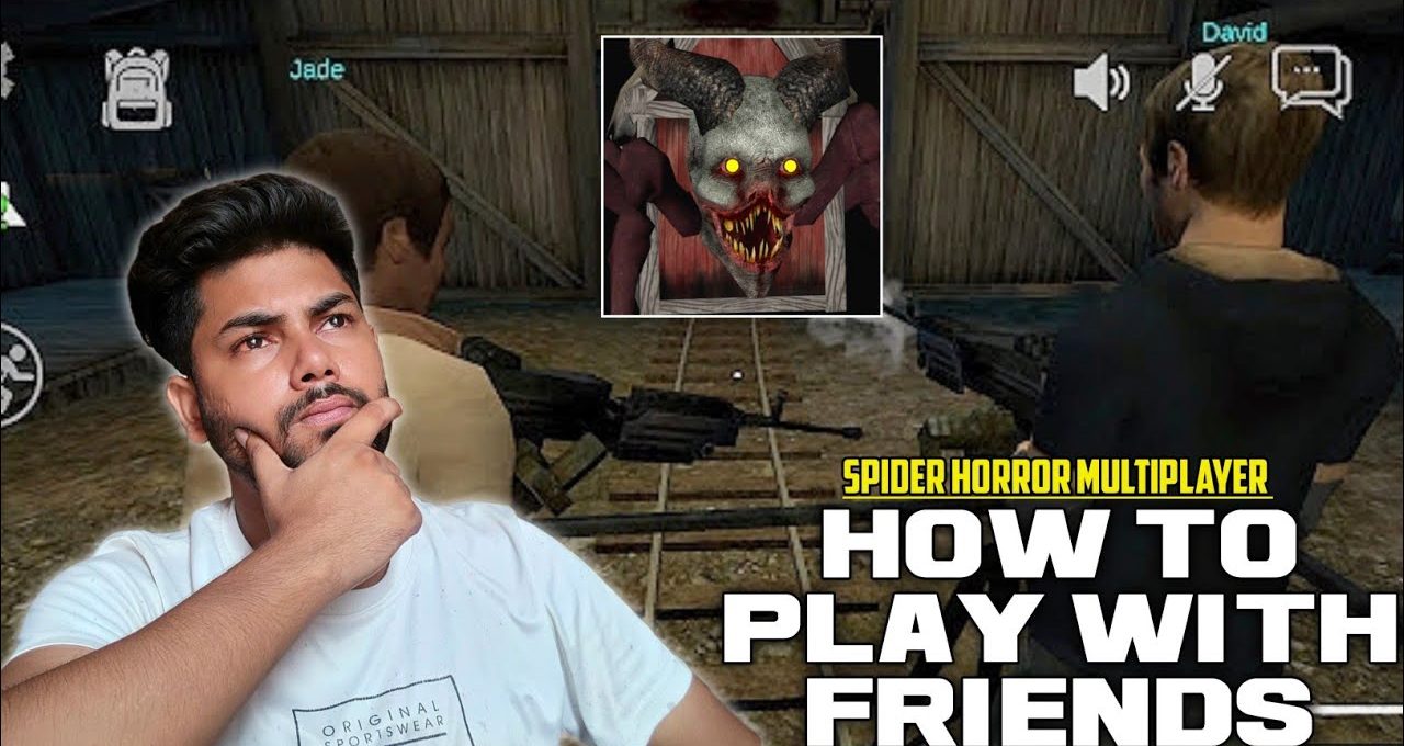 Man pondering over multiplayer horror game thumbnail showing two players and demonic spider face