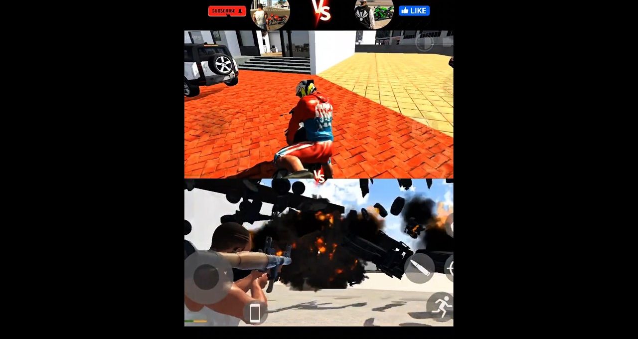 Split-screen videogame scene showing a biker in courtyard and explosion from rocket launcher