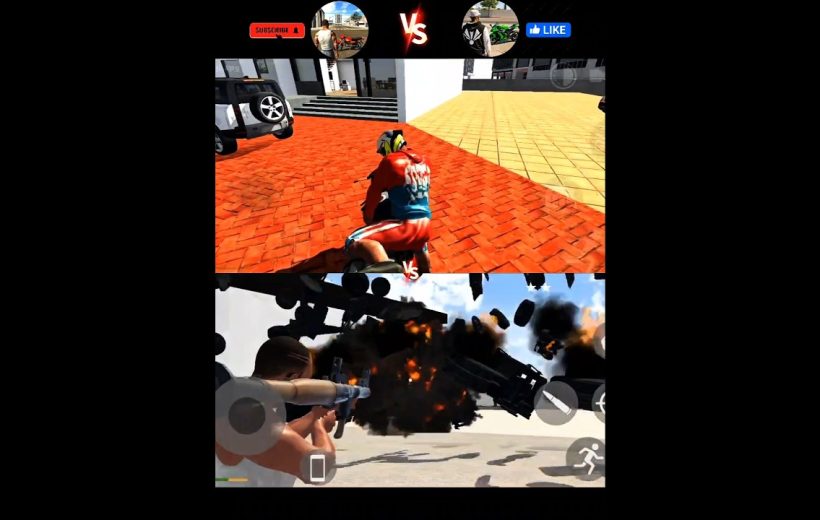 Split-screen videogame scene showing a biker in courtyard and explosion from rocket launcher