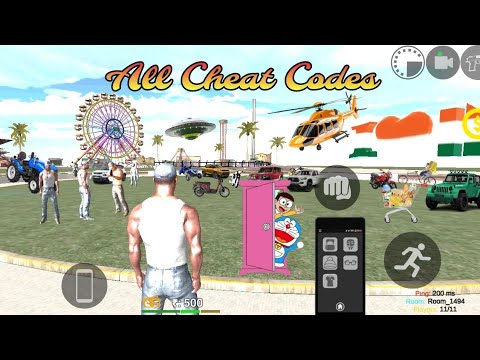 Open-world game scene with characters, vehicles, ferris wheel, helicopter, and cheat codes text
