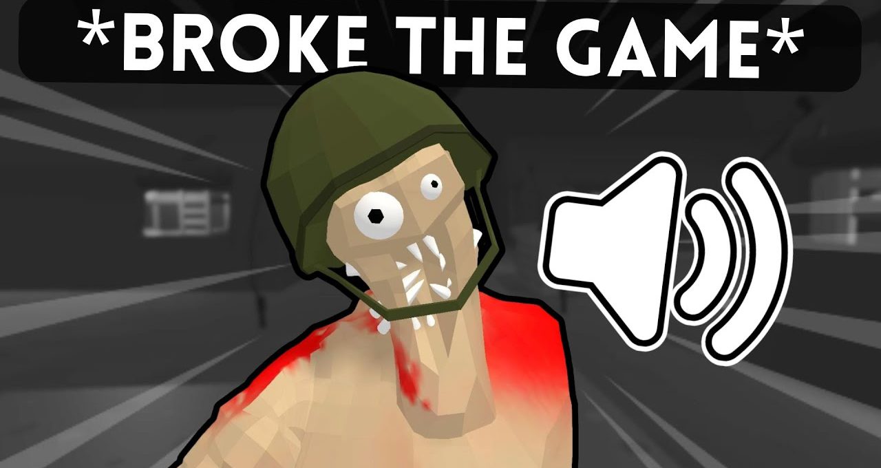 Distorted low-poly soldier with helmet and bloodstained shoulder beside loudspeaker icon and text.