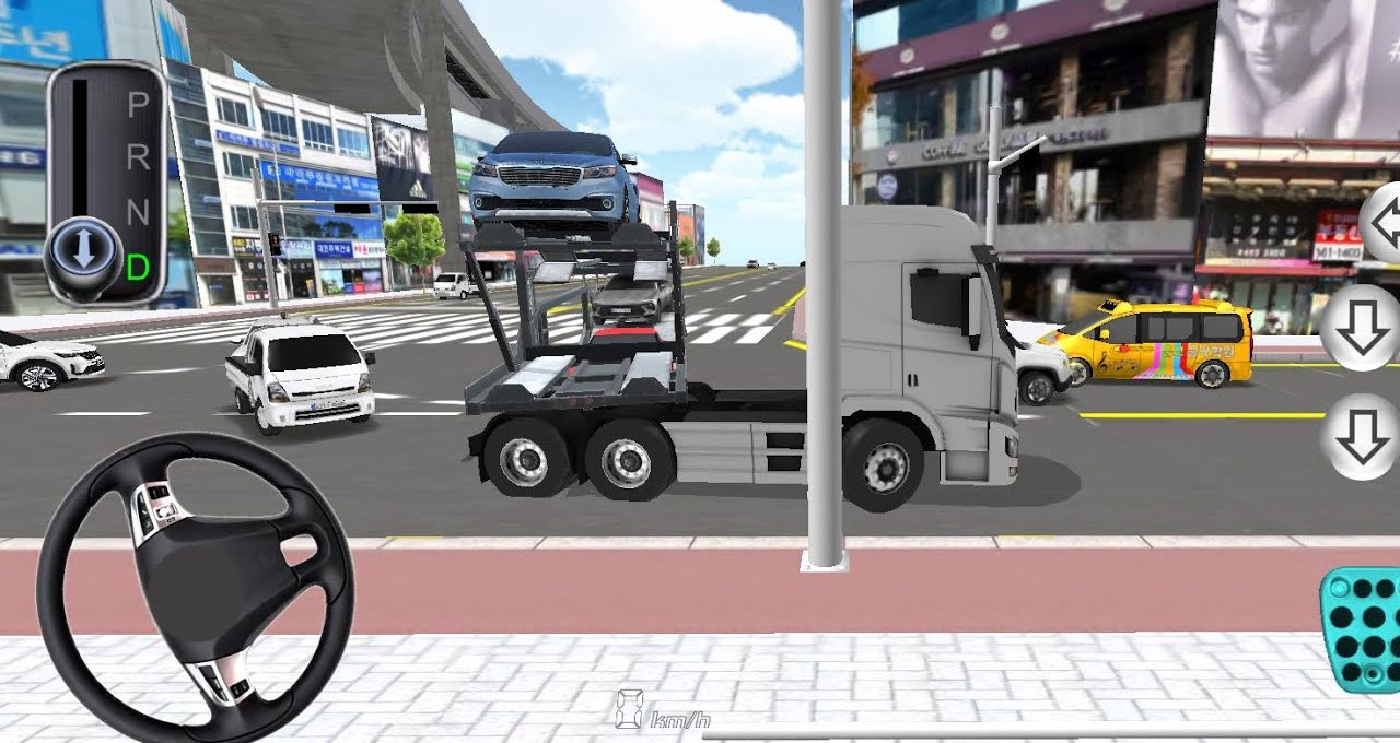 City street scene from a truck driver's view with car carrier and traffic.