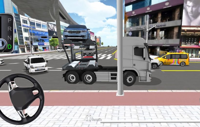 City street scene from a truck driver's view with car carrier and traffic.