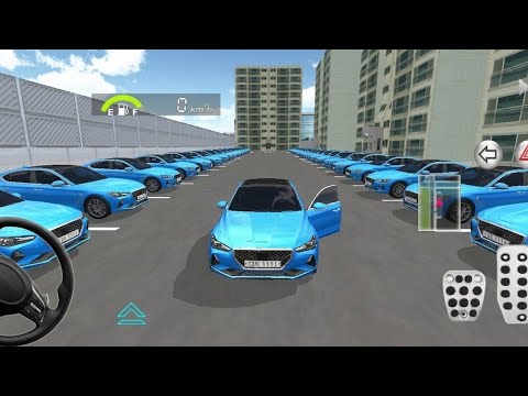 Blue sports car with open door parked among many identical blue cars in lot