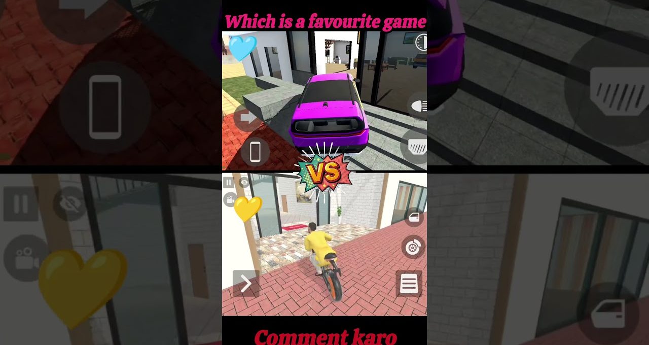 Split-screen game screenshots showing a purple car and a rider on a bicycle.