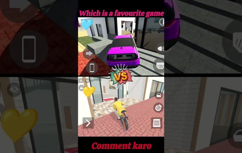 Split-screen game screenshots showing a purple car and a rider on a bicycle.