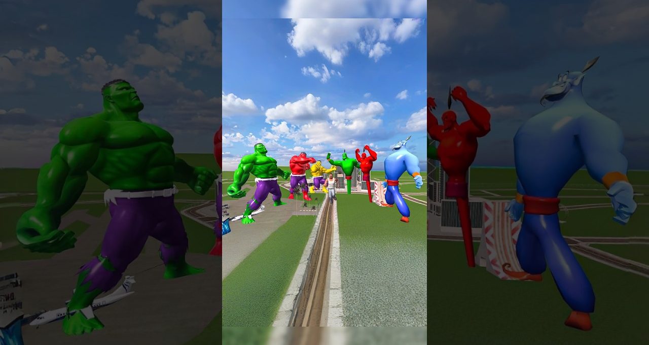 Row of colorful oversized superhero and monster statues lining a park pathway under clouds