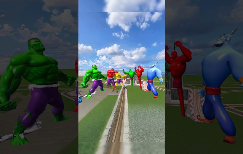 Row of colorful oversized superhero and monster statues lining a park pathway under clouds