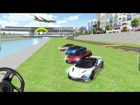 Four sporty cars lined on riverside grass with a plane landing over city bridge