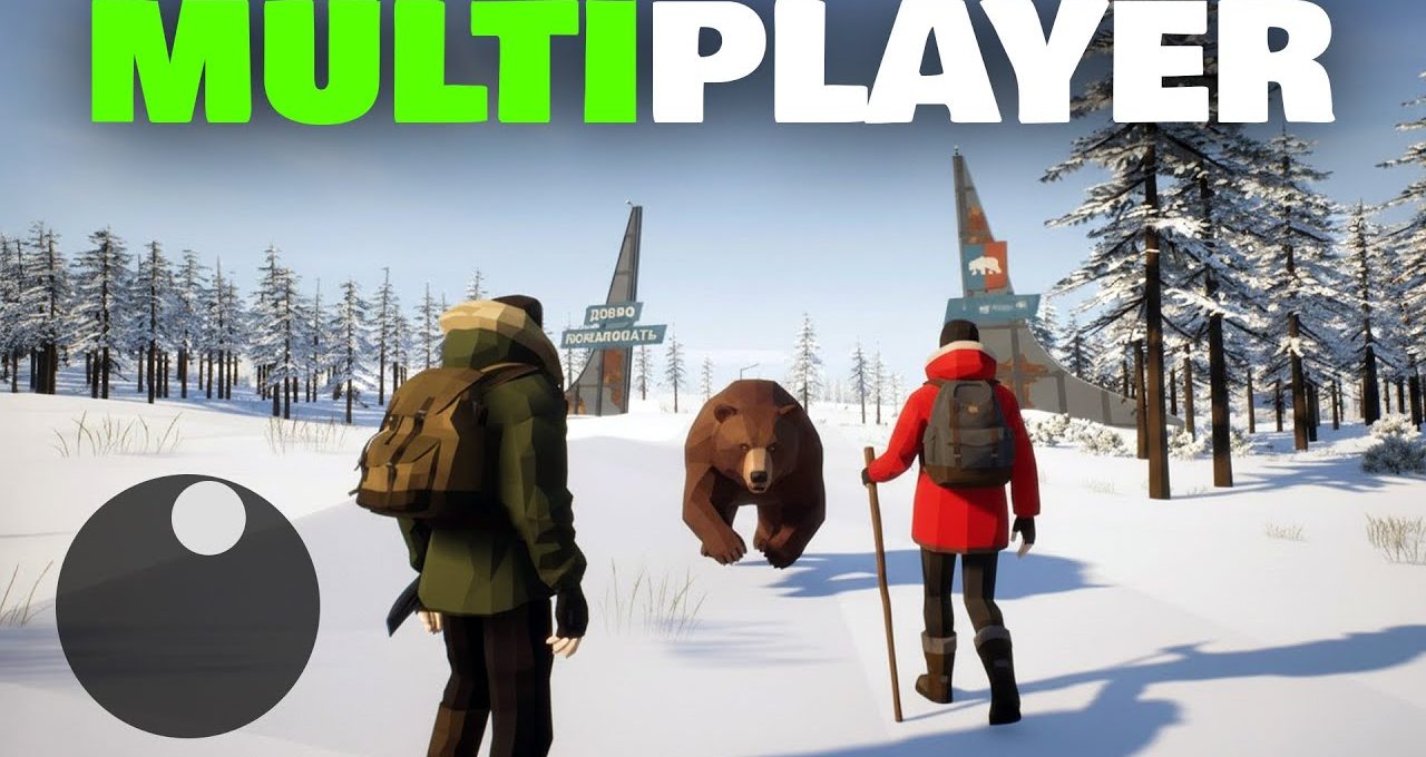 Two hikers in snowy forest confront a charging bear near abandoned structures