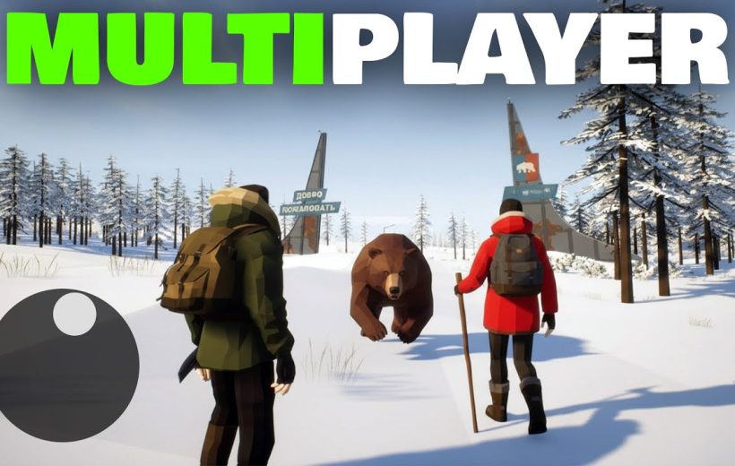 Two hikers in snowy forest confront a charging bear near abandoned structures