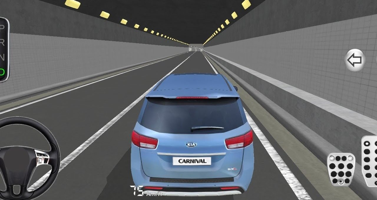 Blue Kia Carnival minivan driving inside a lit tunnel viewed from behind, dashboard visible