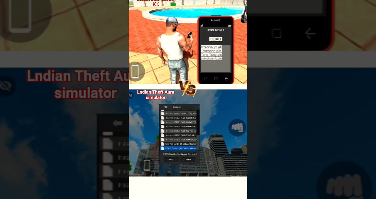 Split-screen game screenshot showing a character by a pool and menu selections.