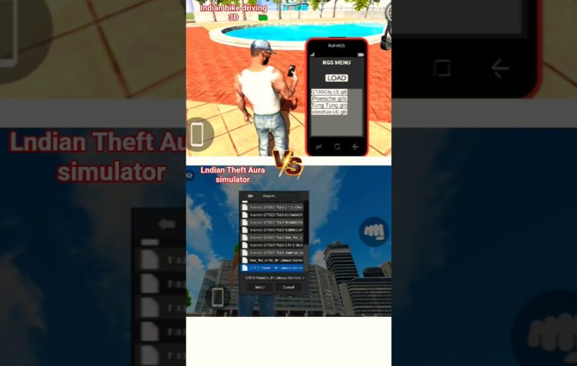 Split-screen game screenshot showing a character by a pool and menu selections.