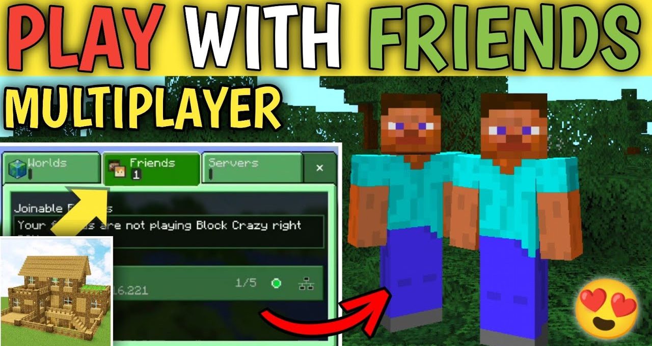 Two Minecraft characters standing beside a multiplayer friends menu and house thumbnail