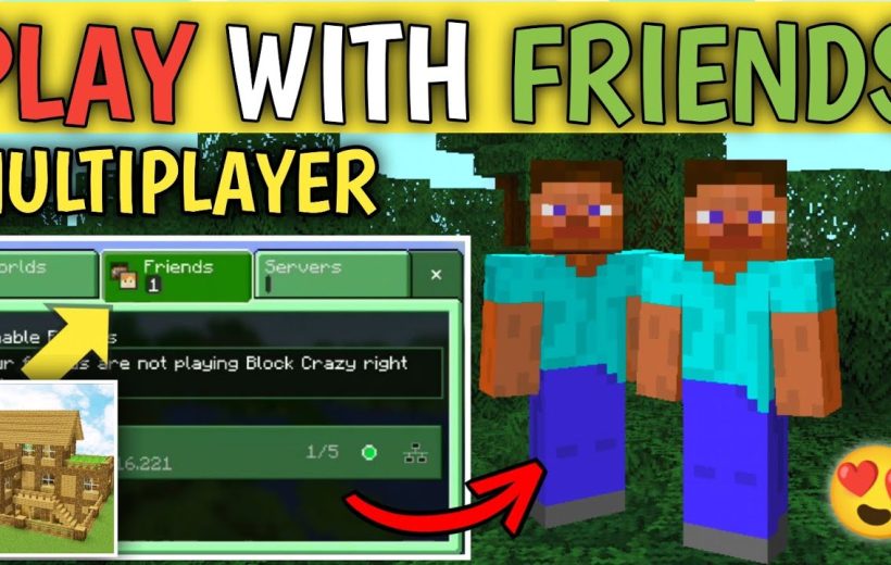 Two Minecraft characters standing beside a multiplayer friends menu and house thumbnail