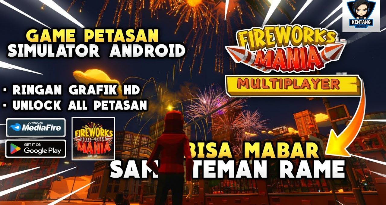 Player in red hoodie watching colorful fireworks over a city for multiplayer game