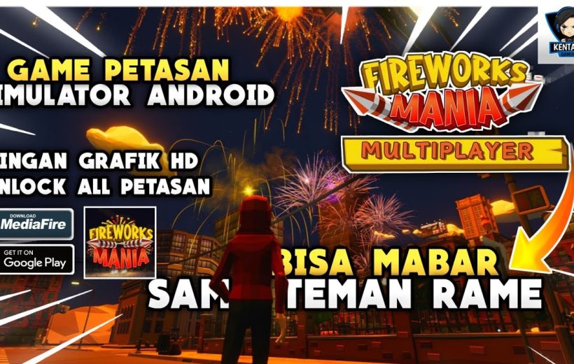 Player in red hoodie watching colorful fireworks over a city for multiplayer game